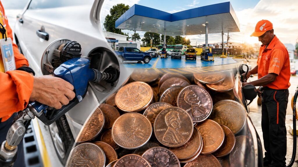 Composición ilustrativa con surtidores de combustible, monedas y un trabajador de una estación de servicio.