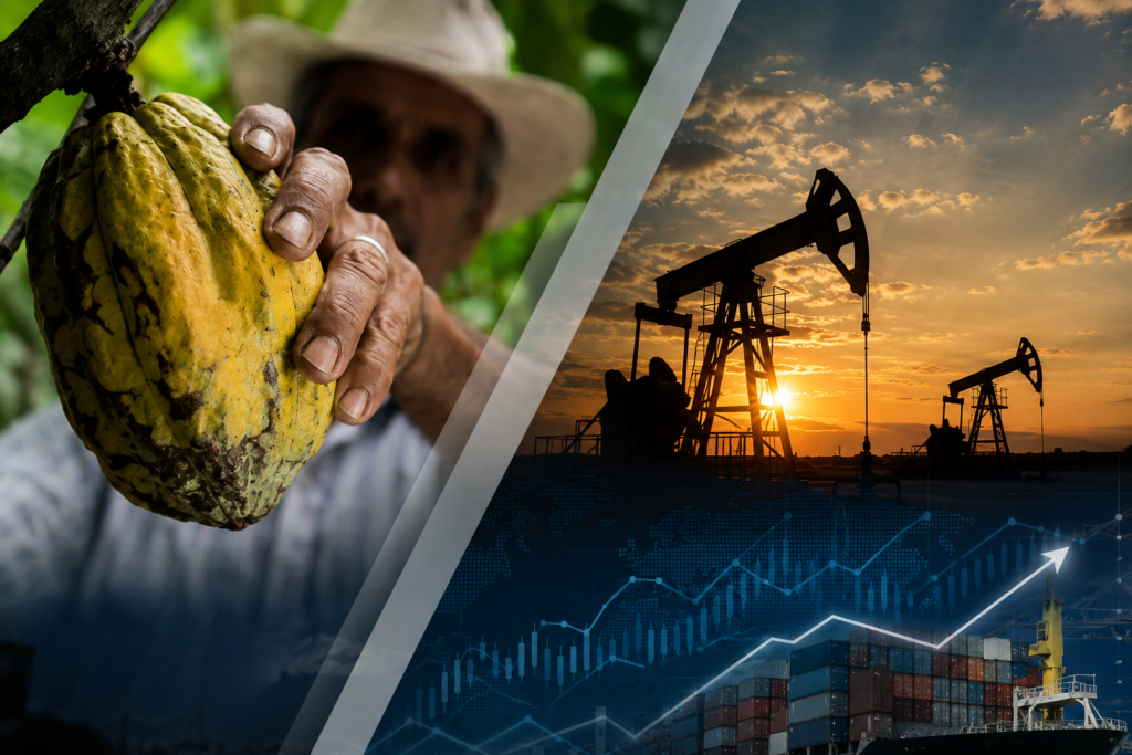 Composición gráfica con una mazorca de cacao, extracción petrolera y una gráfica económica.