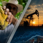Composición gráfica con una mazorca de cacao, extracción petrolera y una gráfica económica.