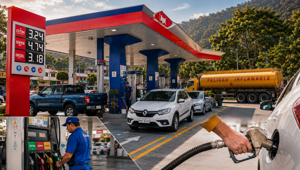 Composición visual con una estación de servicio, vehículos y surtidores de combustible.