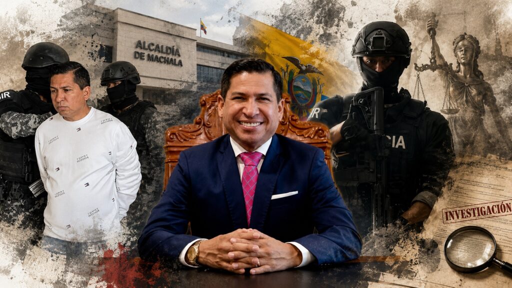 Composición gráfica con Darío Macas, un edificio municipal y figuras policiales.