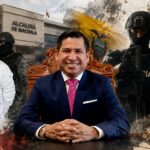 Composición gráfica con Darío Macas, un edificio municipal y figuras policiales.