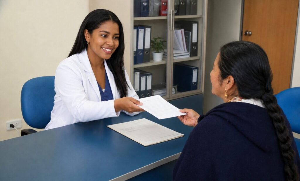 Profesional de salud atiende a una mujer en un consultorio.