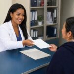 Profesional de salud atiende a una mujer en un consultorio.