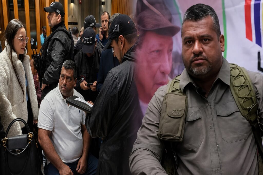 Composición gráfica con hombres, agentes y escenas de procedimientos policiales.
