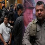 Composición gráfica con hombres, agentes y escenas de procedimientos policiales.