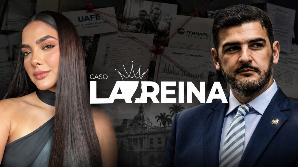 Composición gráfica del caso La Reina con los retratos de una mujer y un hombre.
