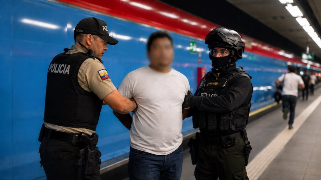 Dos agentes acompañan a un hombre en una estación del Metro de Quito.