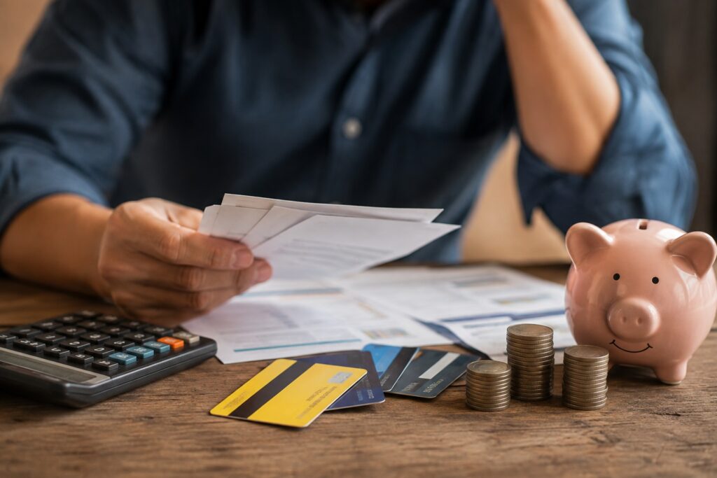 Imagen ilustrativa de una persona que revisa cuentas junto a tarjetas, una calculadora y una alcancía.