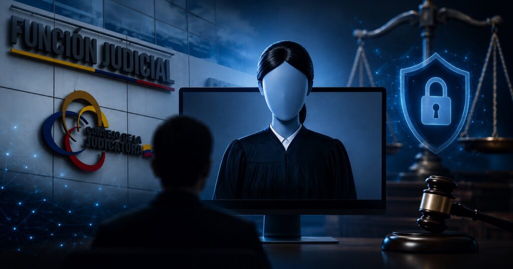 Ilustración de un avatar en una pantalla junto a símbolos de justicia y seguridad digital.