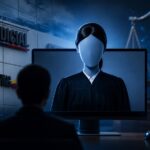Ilustración de un avatar en una pantalla junto a símbolos de justicia y seguridad digital.