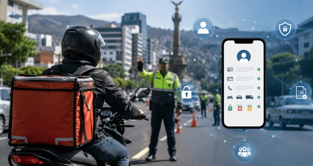 Composición ilustrativa de un repartidor en motocicleta y una aplicación de registro en un teléfono.
