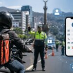 Composición ilustrativa de un repartidor en motocicleta y una aplicación de registro en un teléfono.