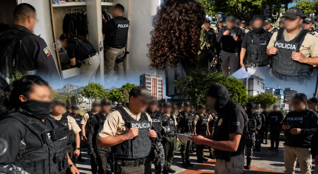 Composición con agentes de Policía durante procedimientos en interiores y exteriores.