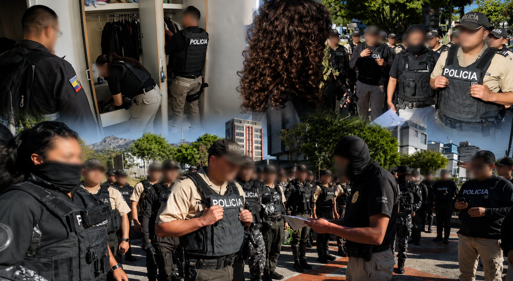 Composición con agentes de Policía durante procedimientos en interiores y exteriores.