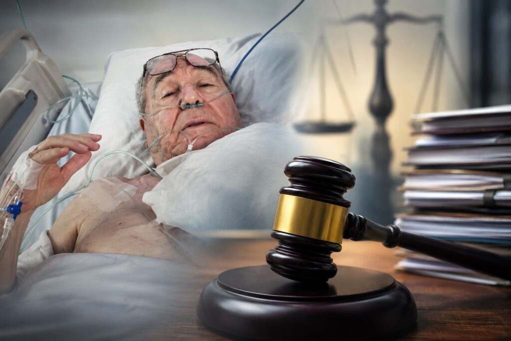 Composición ilustrativa de un hombre hospitalizado junto a un mazo judicial y documentos.
