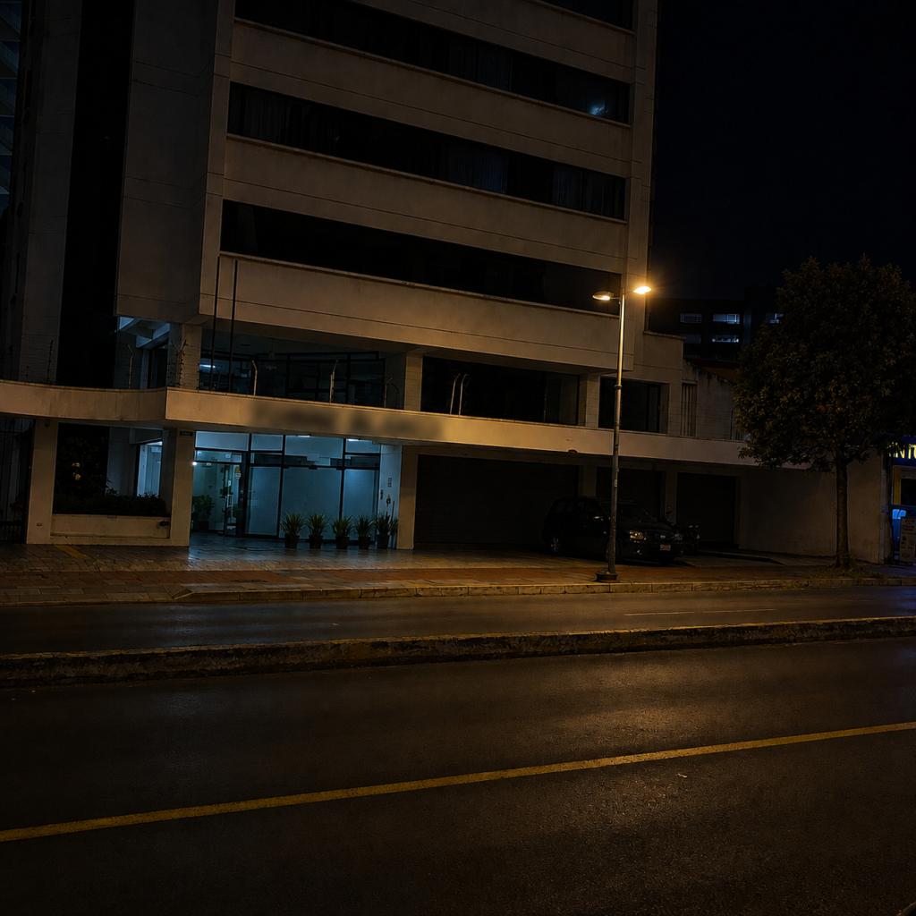Fachada de un edificio de oficinas durante la noche.