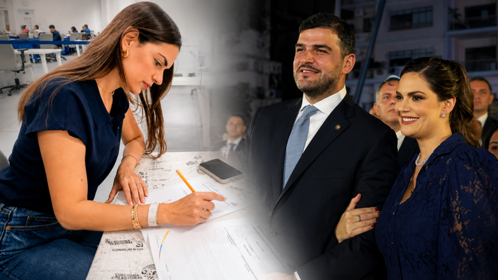 Composición con Fiorella Ycaza durante una inscripción y personas que la acompañan.