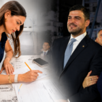 Composición con Fiorella Ycaza durante una inscripción y personas que la acompañan.