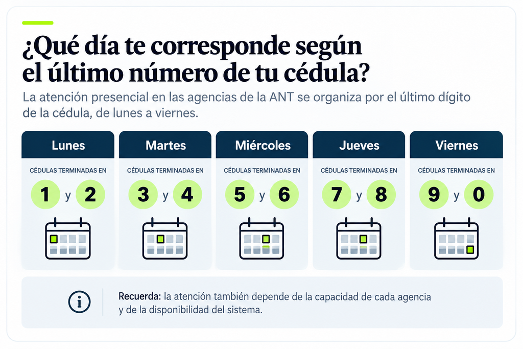 Infografía de Mediato con los días de atención de la ANT según el último dígito de la cédula.