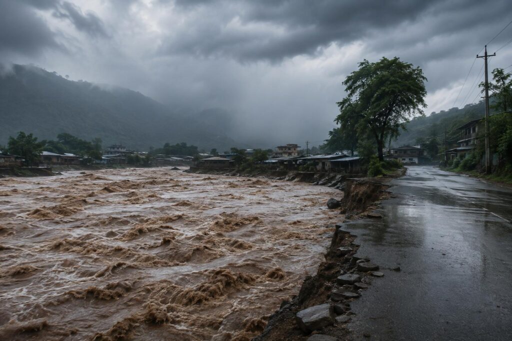 Río crecido junto a una carretera bajo un cielo de tormenta.