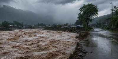 Río crecido junto a una carretera bajo un cielo de tormenta.
