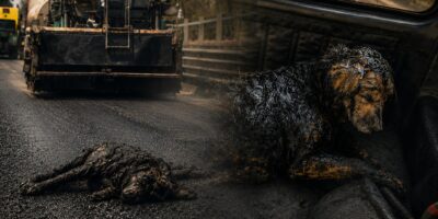 Imagen ilustrativa de un perro junto a maquinaria pesada en una calle.