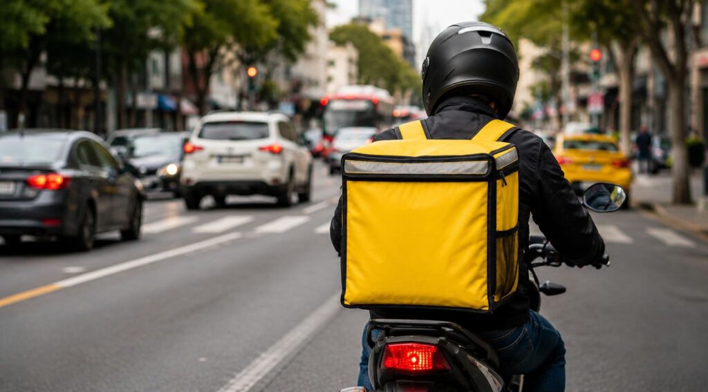 Repartidor con mochila amarilla circula en motocicleta por una avenida.