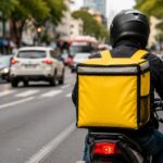 Repartidor con mochila amarilla circula en motocicleta por una avenida.