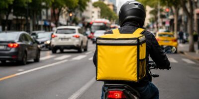 Repartidor con mochila amarilla circula en motocicleta por una avenida.