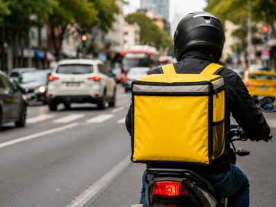 Repartidor con mochila amarilla circula en motocicleta por una avenida.