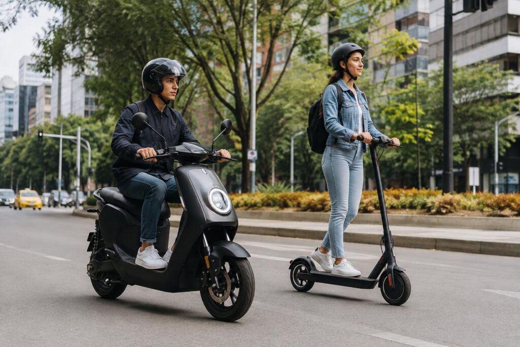 Imagen ilustrativa de personas que utilizan una motocicleta eléctrica y un scooter.