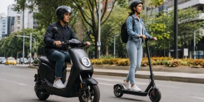 Imagen ilustrativa de personas que utilizan una motocicleta eléctrica y un scooter.