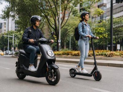 Imagen ilustrativa de personas que utilizan una motocicleta eléctrica y un scooter.