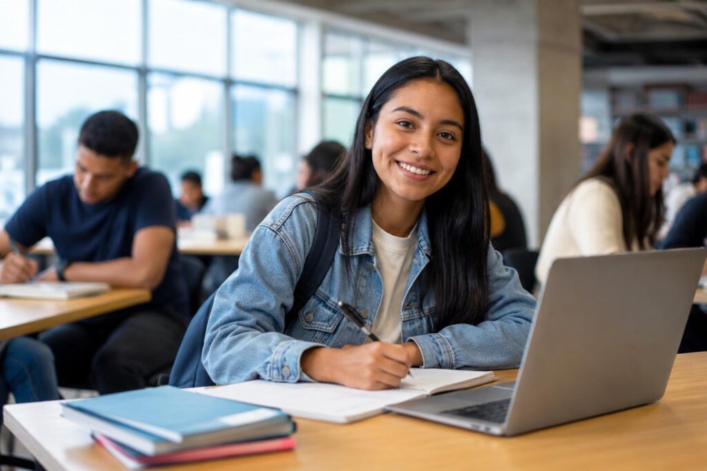 Imagen ilustrativa de una estudiante con una computadora portátil en un aula.