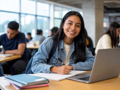 Imagen ilustrativa de una estudiante con una computadora portátil en un aula.