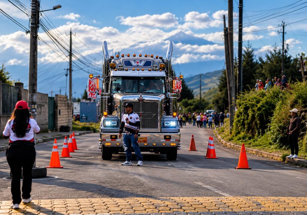 Cabezal de transporte pesado en un circuito delimitado con conos.