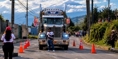 Cabezal de transporte pesado en un circuito delimitado con conos.