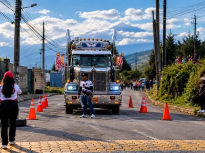 Cabezal de transporte pesado en un circuito delimitado con conos.