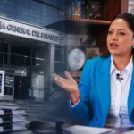 Composición gráfica con la sede de Contraloría y Paola Pabón.