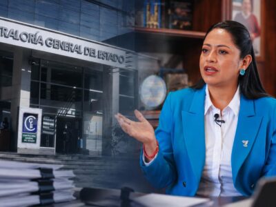 Composición gráfica con la sede de Contraloría y Paola Pabón.