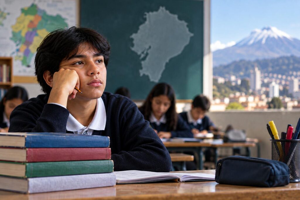 Imagen ilustrativa de estudiantes en un aula con libros sobre una mesa.