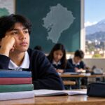 Imagen ilustrativa de estudiantes en un aula con libros sobre una mesa.