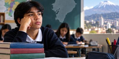 Imagen ilustrativa de estudiantes en un aula con libros sobre una mesa.