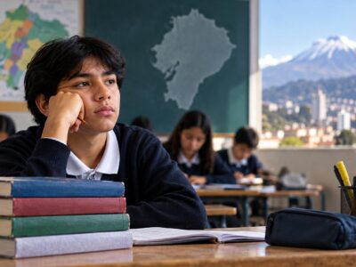 Imagen ilustrativa de estudiantes en un aula con libros sobre una mesa.