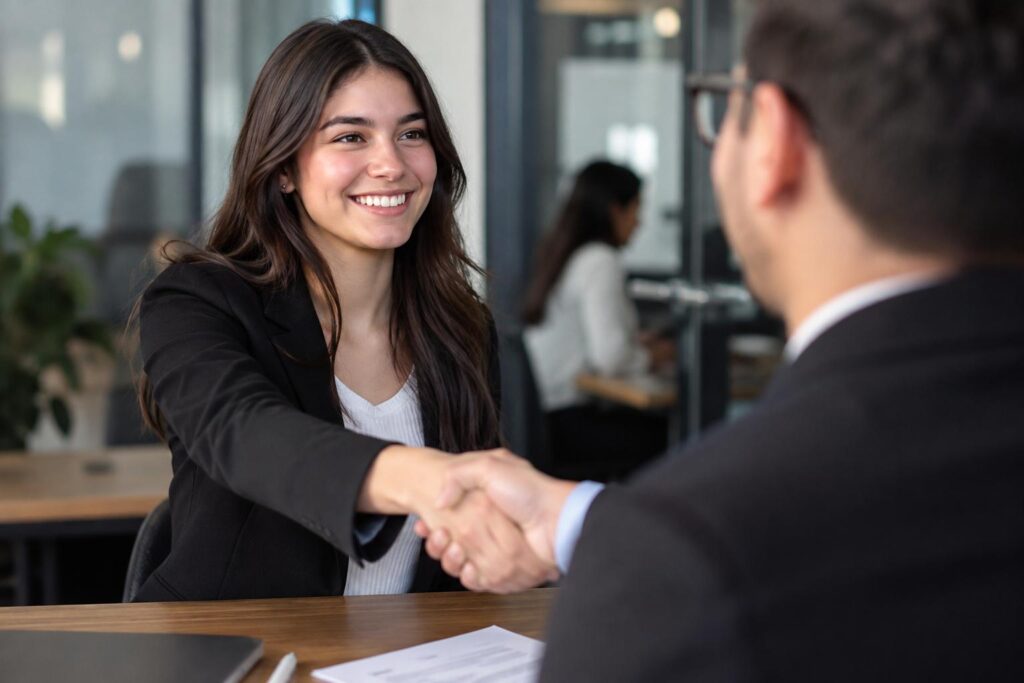 Imagen ilustrativa de una entrevista de trabajo con un saludo de manos.