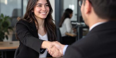 Imagen ilustrativa de una entrevista de trabajo con un saludo de manos.