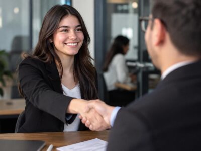 Imagen ilustrativa de una entrevista de trabajo con un saludo de manos.