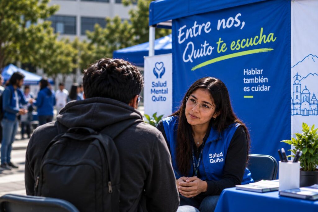 Una mujer atiende a un ciudadano en un puesto de la campaña «Entre nos, Quito te escucha».