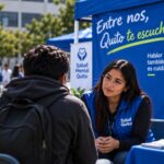 Una mujer atiende a un ciudadano en un puesto de la campaña «Entre nos, Quito te escucha».